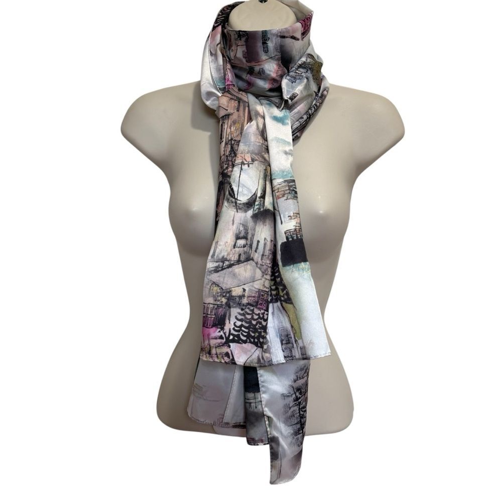 Vintage Long Silk Scarf Wrap Cityscape Buildings Scenery 66x28